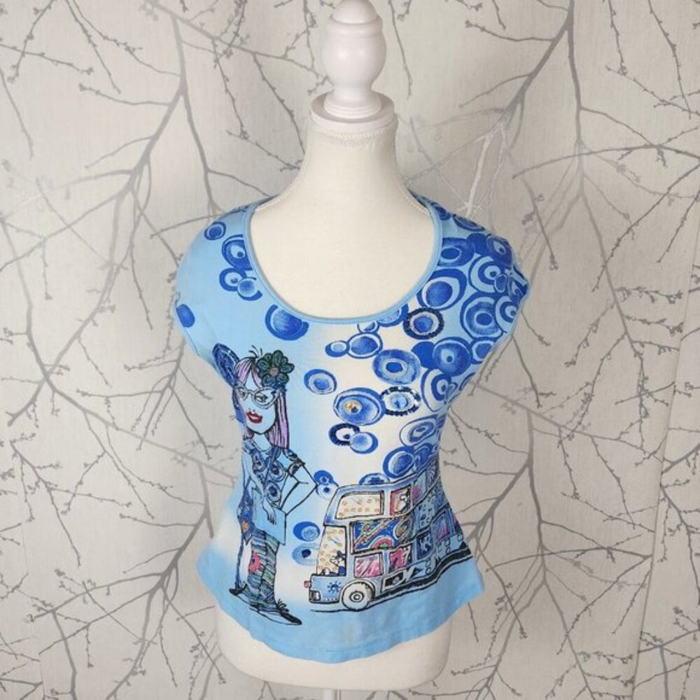 Faust Artsy Sequin Bus Stop Graphic Print Cotton Stretch Cap Sleeve Y2K Top